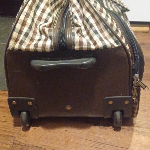 Broccoli Unisex Brown Tan Gingham Check Rolling Travel Duffel Bag - Picture 6 of 11